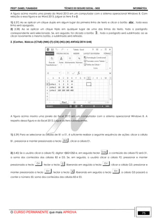 PROFº: DANIEL FUNABASHI TÉCNICO DO SEGURO SOCIAL - INSS INFORMÁTICA
O CURSO PERMANENTE que mais APROVA 75
A figura acima mostra uma janela do Word 2013 em um computador com o sistema operacional Windows 8. Com
relação a essa figura e ao Word 2013, julgue os itens 1 e 2.
1) (I.37) Ao se aplicar um clique duplo em algum lugar da primeira linha de texto e clicar o botão , toda essa
linha será apagada.
2) (I.38) Ao se aplicar um clique triplo em qualquer lugar de uma das linhas do texto, todo o parágrafo
correspondente será selecionado. Se, em seguida, for clicado o botão , todo o parágrafo será sublinhado; ao se
clicar novamente o mesmo botão, o sublinhado será retirado.
2. [Conhec. Básicos-(C7e8)-(NM)-(T)-(CB)-(NS)-(M)-ANTAQ/2014-UnB]
A figura acima mostra uma janela do Excel 2013 em um computador com o sistema operacional Windows 8. A
respeito dessa figura e do Excel 2013, julgue os itens subsequentes.
1) (I.39) Para se selecionar as células de B1 a E1, é suficiente realizar a seguinte sequência de ações: clicar a célula
B1, pressionar e manter pressionada a tecla , clicar a célula E1.
2) (I.40) Se o usuário clicar a célula F2, digitar =$B2+D$3 e, em seguida teclar , o conteúdo da célula F2 será 31,
a soma dos conteúdos das células B2 e D3. Se, em seguida, o usuário clicar a célula F2; pressionar e manter
pressionada a tecla ; teclar a tecla , liberando em seguida a tecla ; clicar a célula G3; pressionar e
manter pressionada a tecla ; teclar a tecla , liberando em seguida a tecla , a célula G3 passará a
conter o número 50, soma dos conteúdos das células B3 e E3.
 