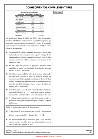 CONHECIMENTOS COMPLEMENTARES 
distribuição percentual da 
população brasileira por faixa etária 
faixa etária 2007 2050* 
0 a 14 anos 27,5 17,7 
15 a 24 anos 18,3 12,6 
15 a 64 anos 66,1 63,5 
60 anos ou mais 9,0 24,7 
70 anos ou mais 4,0 13,2 
80 anos ou mais 1,2 5,3 
*estimativa Fonte: IBGE 
De acordo com dados do IBGE, em 2007, 6,4% da população 
brasileira tinha 65 anos de idade ou mais e, em 2050, essa parcela, que 
constitui o grupo de idosos, corresponderá a 18,8% da população. 
Com base nessas informações e nas apresentadas na tabela acima, 
julgue os itens seguintes. 
51 Segundo o IBGE, em 2007, para cada idoso com 65 anos de idade 
ou mais, havia, em média, pelo menos, quatro crianças de 0 a 
14 anos de idade. Em 2050, para cada idoso com 65 anos de idade 
ou mais, haverá, em média, no máximo, uma criança de 0 a 
14 anos de idade. 
52 Se, em 2050, três pessoas da população brasileira forem 
escolhidas ao acaso, a probabilidade de todas elas terem até 
59 anos de idade é inferior a 0,4. 
53 Considere-se que, em 2050, serão aleatoriamente selecionados 
três indivíduos, um após o outro, do grupo de pessoas que 
compõem a parcela da população brasileira com 15 anos de idade 
ou mais. Nessa situação, a probabilidade de que apenas o terceiro 
indivíduo escolhido tenha pelo menos 65 anos de idade será 
superior a 0,5 e inferior a 0,6. 
54 Considere-se que os anos de idade estejam distribuídos de forma 
eqüiprovável na faixa de 15 a 18 anos. Nessa situação, a média e 
a mediana das idades nessa faixa serão ambas iguais a 16,5 anos. 
55 A média de idade projetada para o ano 2050, no que se refere às 
pessoas em idade potencialmente ativa para o trabalho, é superior 
a 39,5 anos. 
Julgue os itens seguintes, acerca de taxas de juros. 
56 A taxa mensal de juros compostos que equivale à taxa semestral 
de juros compostos de 10% é dada por . 
57 Se, em determinado ano, a inflação for igual a 20%, será mais 
atraente para um investidor fazer suas aplicações à taxa real de 
10% do que à taxa aparente de 30%. 
RASCUNHO 
UnB/CESPE – INSS Caderno R 
Cargo 17: Analista do Seguro Social com Formação em Qualquer Área – 5 – 
www.pciconcursos.com.br 
 