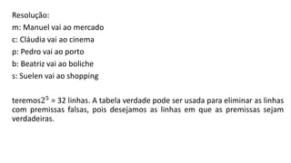Resolução:
m: Manuel vai ao mercado
c: Cláudia vai ao cinema
p: Pedro vai ao porto
b: Beatriz vai ao boliche
s: Suelen vai ao shopping
teremos25 = 32 linhas. A tabela verdade pode ser usada para eliminar as linhas
com premissas falsas, pois desejamos as linhas em que as premissas sejam
verdadeiras.
 