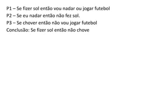P1 – Se fizer sol então vou nadar ou jogar futebol
P2 – Se eu nadar então não fez sol.
P3 – Se chover então não vou jogar futebol
Conclusão: Se fizer sol então não chove
 
