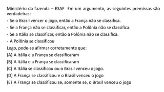 Ministério da fazenda – ESAF Em um argumento, as seguintes premissas são
verdadeiras:
- Se o Brasil vencer o jogo, então a França não se classifica.
- Se a França não se classificar, então a Polônia não se classifica.
- Se a Itália se classificar, então a Polônia não se classifica.
- A Polônia se classificou
Logo, pode-se afirmar corretamente que:
(A) A Itália e a França se classificaram
(B) A Itália e a França se classificaram
(C) A Itália se classificou ou o Brasil venceu o jogo.
(D) A França se classificou e o Brasil venceu o jogo
(E) A França se classificou se, somente se, o Brasil venceu o jogo
 