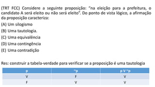 (TRT FCC) Considere a seguinte proposição: “na eleição para a prefeitura, o
candidato A será eleito ou não será eleito”. Do ponto de vista lógico, a afirmação
da proposição caracteriza:
(A) Um silogismo
(B) Uma tautologia.
(C) Uma equivalência
(D) Uma contingência
(E) Uma contradição
Res: construir a tabela-verdade para verificar se a proposição é uma tautologia
p ~p p V ~p
V F V
F V V
 