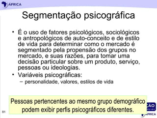 Segmentação psicográfica ,[object Object],[object Object],[object Object],Pessoas pertencentes ao mesmo grupo demográfico podem exibir perfis psicográficos diferentes. 