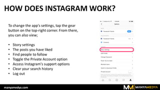 HOW DOES INSTAGRAM WORK?
To change the app's settings, tap the gear
button on the top-right corner. From there,
you can also view;
• Story settings
• The posts you have liked
• Find people to follow
• Toggle the Private Account option
• Access Instagram's support options
• Clear your search history
• Log out
manyamedya.com
 