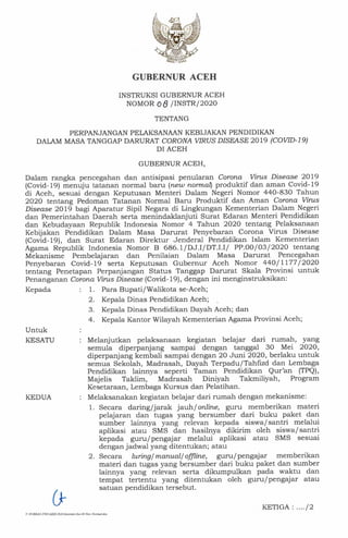 Instruksi Gubernur Aceh nomor 08/INSTR/2020
