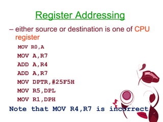 Register Addressing – either source or destination is one of CPU register MOV R0,A MOV A,R7 ADD A,R4 ADD A,R7 MOV DPTR,#25F5H MOV R5,DPL MOV R1,DPH Note that MOV R4,R7 is incorrect