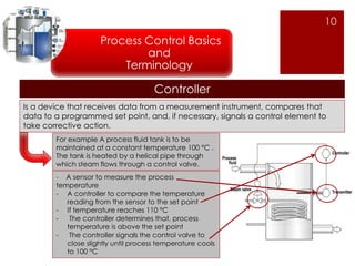 10 
Process Control Basics 
and 
Terminology 
Controller 
Is a device that receives data from a measurement instrument, compares that 
data to a programmed set point, and, if necessary, signals a control element to 
take corrective action. 
For example A process fluid tank is to be 
maintained at a constant temperature 100 °C . 
The tank is heated by a helical pipe through 
which steam flows through a control valve. 
- A sensor to measure the process 
temperature 
- A controller to compare the temperature 
reading from the sensor to the set point 
- If temperature reaches 110 °C 
- The controller determines that, process 
temperature is above the set point 
- The controller signals the control valve to 
close slightly until process temperature cools 
to 100 °C 
 
