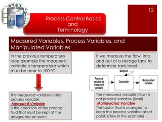 12 
Process Control Basics 
and 
Terminology 
Measured Variables, Process Variables, and 
Manipulated Variables 
In the previous temperature 
loop example the measured 
variable is temperature which 
must be near to 100 oC 
If we measure the flow into 
and out of a storage tank to 
determine tank level 
The measured variable is also 
process variable 
Measured Variable 
is the condition of the process 
fluid that must be kept at the 
designated set point. 
The measured variable (flow) is 
not process variable (level) 
Manipulated Variable 
The factor that is changed to 
keep the process variable at set 
point. (Flow in this example) 
 