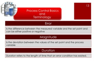13 
Process Control Basics 
and 
Terminology 
Error 
Is the difference between the measured variable and the set point and 
can be either positive or negative 
Magnitude 
Is the deviation between the values of the set point and the process 
variable 
Duration 
Duration refers to the length of time that an error condition has existed. 
 