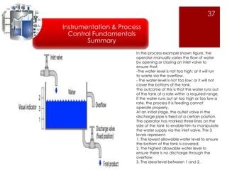 37 
Instrumentation & Process 
Control Fundamentals 
Summary 
In the process example shown figure, the 
operator manually varies the flow of water 
by opening or closing an inlet valve to 
ensure that: 
-The water level is not too high; or it will run 
to waste via the overflow. 
- The water level is not too low; or it will not 
cover the bottom of the tank. 
The outcome of this is that the water runs out 
of the tank at a rate within a required range. 
If the water runs out at too high or too low a 
rate, the process it is feeding cannot 
operate properly. 
At an initial stage, the outlet valve in the 
discharge pipe is fixed at a certain position. 
The operator has marked three lines on the 
side of the tank to enable him to manipulate 
the water supply via the inlet valve. The 3 
levels represent: 
1. The lowest allowable water level to ensure 
the bottom of the tank is covered. 
2. The highest allowable water level to 
ensure there is no discharge through the 
overflow. 
3. The ideal level between 1 and 2. 
 
