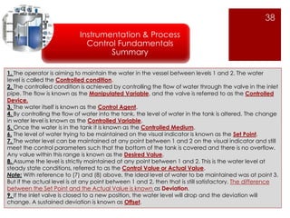 38 
Instrumentation & Process 
Control Fundamentals 
Summary 
1. The operator is aiming to maintain the water in the vessel between levels 1 and 2. The water 
level is called the Controlled condition. 
2. The controlled condition is achieved by controlling the flow of water through the valve in the inlet 
pipe. The flow is known as the Manipulated Variable, and the valve is referred to as the Controlled 
Device. 
3. The water itself is known as the Control Agent. 
4. By controlling the flow of water into the tank, the level of water in the tank is altered. The change 
in water level is known as the Controlled Variable. 
5. Once the water is in the tank it is known as the Controlled Medium. 
6. The level of water trying to be maintained on the visual indicator is known as the Set Point. 
7. The water level can be maintained at any point between 1 and 2 on the visual indicator and still 
meet the control parameters such that the bottom of the tank is covered and there is no overflow. 
Any value within this range is known as the Desired Value. 
8. Assume the level is strictly maintained at any point between 1 and 2. This is the water level at 
steady state conditions, referred to as the Control Value or Actual Value. 
Note: With reference to (7) and (8) above, the ideal level of water to be maintained was at point 3. 
But if the actual level is at any point between 1 and 2, then that is still satisfactory. The difference 
between the Set Point and the Actual Value is known as Deviation. 
9. If the inlet valve is closed to a new position, the water level will drop and the deviation will 
change. A sustained deviation is known as Offset. 
 