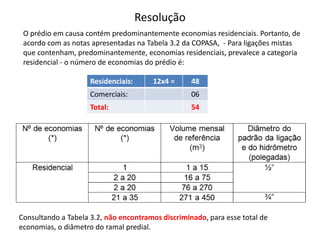 Resolução
O prédio em causa contém predominantemente economias residenciais. Portanto, de
acordo com as notas apresentadas na Tabela 3.2 da COPASA, - Para ligações mistas
que contenham, predominantemente, economias residenciais, prevalece a categoria
residencial - o número de economias do prédio é:
Residenciais: 12x4 = 48
Comerciais: 06
Total: 54
Consultando a Tabela 3.2, não encontramos discriminado, para esse total de
economias, o diâmetro do ramal predial.
 
