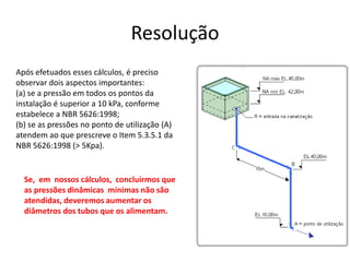 Resolução
Após efetuados esses cálculos, é preciso
observar dois aspectos importantes:
(a) se a pressão em todos os pontos da
instalação é superior a 10 kPa, conforme
estabelece a NBR 5626:1998;
(b) se as pressões no ponto de utilização (A)
atendem ao que prescreve o Item 5.3.5.1 da
NBR 5626:1998 (> 5Kpa).
Se, em nossos cálculos, concluirmos que
as pressões dinâmicas mínimas não são
atendidas, deveremos aumentar os
diâmetros dos tubos que os alimentam.
 