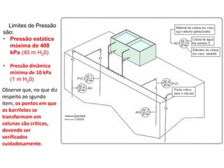 Limites de Pressão
são:
• Pressão estática
máxima de 400
kPa (40 m H20)
• Pressão dinâmica
mínima de 10 kPa
(1 m H20)
Observe que, no que diz
respeito ao sgundo
item, os pontos em que
os barriletes se
transformam em
colunas são críticos,
devendo ser
verificados
cuidadosamente.
 
