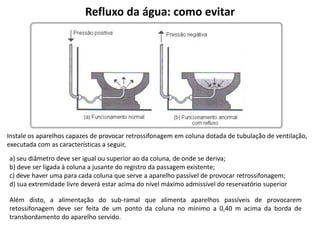 Refluxo da água: como evitar
Instale os aparelhos capazes de provocar retrossifonagem em coluna dotada de tubulação de ventilação,
executada com as características a seguir,
a) seu diâmetro deve ser igual ou superior ao da coluna, de onde se deriva;
b) deve ser ligada à coluna a jusante do registro da passagem existente;
c) deve haver uma para cada coluna que serve a aparelho passível de provocar retrossifonagem;
d) sua extremidade livre deverá estar acima do nível máximo admissível do reservatório superior
Além disto, a alimentação do sub-ramal que alimenta aparelhos passíveis de provocarem
retossifonagem deve ser feita de um ponto da coluna no mínimo a 0,40 m acima da borda de
transbordamento do aparelho servido.
 