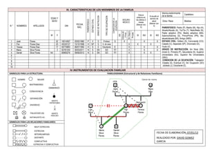 Instructivo de la Propuesta de Ficha Familiar para la Implementación del MAIS - BFC
FECHA DE ELABORACIÓN: 07/01/13
REALIZADO POR: DAVID GOMEZ
GARCIA
Cáncer de
Cuello Uterino
Rosa
Diaz
48
HTA
José
Flores
52
Flor
Flores
25
Depresión
Teresa
Flores
17
Luis
Silva
27
Maria
Silva-
Flores
2
Daniel
Silva-
Flores
4m
III. CARACTERISTICAS DE LOS MIEMBROS DE LA FAMILIA
N ° NOMBRES APELLIDOS
EDAD Y
SEXO
DNI
FECHA
NAC.
PARENTESCO
ESTADOCIVIL
GRADODEINSTRUCION
TIPODEOCUPACION
CONDICIONDELA
OCUPACION
SEGURO
MEDICO
Estuvo
enfermo en
los últimos 3
meses
(Marcar con
X)
Si acudió al
servicio de
salud
(Marcar con
X)
Idioma predominante
de la familia
Castellano
Etnia / Raza Mestiza
PARENTESCO: Padre (P), Madre (M), Hijo (H),
Abuelo/Abuela (A), Tío/Tía (T), Nieto/Nieta (N),
Padre adoptivo (PA), Madre adoptiva (MA),
Sobrino/Sobrina (S), Primo/Prima (PR), Bis-
abuelo/abuela (BA), Amigo (AMG).
ESTADO CIVIL: Soltero (S), Conviviente (CO),
Casado (C), Separado (SP), Divorciado (D),
Viudo (V).
GRADO DE INSTRUCCIÓN: Sin Nivel (SN),
Inicial (I), Primaria (P), Secundaria (S), Superior
Universitaria (SU), Superior No Universitaria
(SNU).
CONDICION DE LA OCUPACIÓN: Trabajador
Estable (S), Eventual (V), Sin Ocupación (SO)
Jubilado (J), Estudiante (E).
M F
SIS
ESSALUD
/FFAA
SinSeguro
Privado
SI NO SI NO
1 José Flores 52 10014567 20/05/1960 P V S Profesor S X X X
2 Flor Flores Diaz 25 45530127 15/10/1998 H SP S A. de casa X X X
3 Teresa Flores Diaz 17 50770883 06/07/1992 H S S Estudiante E X X X
4 Maria Silva Flores 2 62781254 30/03/2011 N S SN SO SO X X X
5 Daniel Silva Flores 4m 65983276 09/06/2012 N S SN SO SO X X X
6
7
8
9
10
IV.INSTRUMENTOS DE EVALUACION FAMILIAR
SIMBOLOS PARA LA ESTRUCTURA: FAMILIOGRAMA (Estructural y de Relaciones Familiares)
SIMBOLOS PARA LAS RELACIONES FAMILIARES:
MUJERHOMRE
MATRIMONIO
CONVIVENCIA
DIVORCIO
CION
MATRIMONIO
FALLECIDO (A) ABORTO
INDUCIDO
NATIMUERTO (A)
HOMRE MUJER
EMABARAZO
CION
MATRIMONIO
CONVIVENCIA
SEPARACIÓN
CION
MATRIMONIO
DIVORCIO
MUY ESTRECHA
ESTRECHA
INTERRUMPIDA
DISTANTE
CONFLICTIVA
ESTRECHA Y CONFLICTIVA
Cáncer de mama
ABORTO
ESPONTANEO
 