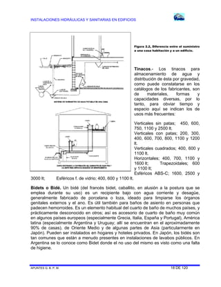 INSTALACIONES HIDRÁULICAS Y SANITARIAS EN EDIFICIOS
APUNTES G. B. P. M. 18 DE 120
Figura 2.2, Diferencia entre el suministro
a una casa habitación y a un edificio.
Tinacos.- Los tinacos para
almacenamiento de agua y
distribución de ésta por gravedad,
como puede constatarse en los
catálogos de los fabricantes, son
de materiales, formas y
capacidades diversas, por lo
tanto, para obviar tiempo y
espacio aquí se indican los de
usos más frecuentes:
Verticales sin patas; 450, 600,
750, 1100 y 2500 lt.
Verticales con patas; 200, 300,
400, 600, 700, 800, 1100 y 1200
lt.
Verticales cuadrados; 400, 600 y
1100 lt.
Horizontales; 400, 700, 1100 y
1600 lt; Trapezoidales; 600
y 1100 lt;
Esféricos ABS-C; 1600, 2500 y
3000 lt; Esféricos f. de vidrio; 400, 600 y 1100 lt.
Bidets o Bidé. Un bidé (del francés bidet, caballito, en alusión a la postura que se
emplea durante su uso) es un recipiente bajo con agua corriente y desagüe,
generalmente fabricado de porcelana o loza, ideado para limpiarse los órganos
genitales externos y el ano. Es útil también para baños de asiento en personas que
padecen hemorroides. Es un elemento habitual del cuarto de baño de muchos países, y
prácticamente desconocido en otros; así es accesorio de cuarto de baño muy común
en algunos países europeos (especialmente Grecia, Italia, España y Portugal), América
latina (especialmente Argentina y Uruguay; allí se encuentran en el aproximadamente
90% de casas), de Oriente Medio y de algunas partes de Asia (particularmente en
Japón). Pueden ser instalados en hogares y hoteles privados. En Japón, los bidés son
tan comunes que están a menudo presentes en instalaciones de lavabos públicos. En
Argentina se lo conoce como Bidet donde el no uso del mismo es visto como una falta
de higiene.
 