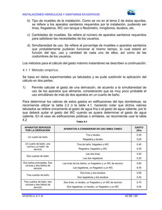 INSTALACIONES HIDRÁULICAS Y SANITARIAS EN EDIFICIOS
APUNTES G. B. P. M. 42 DE 120
b) Tipo de muebles de la instalación. Como se vio en el tema 2 de éstos apuntes,
se refiere a los aparatos sanitarios requeridos por la instalación, pudiendo ser
tinas, fregaderos, WC con tanque o flexómetro, mingitorios, lavabos, etc.
c) Cantidades de muebles. Se refiere al número de aparatos sanitarios requeridos
para satisfacer las necesidades de los usuarios.
d) Simultaneidad de uso. Se refiere al porcentaje de muebles o aparatos sanitarios
que probablemente pudieran funcionar al mismo tiempo, lo cual estará en
función del tipo, uso y cantidad de cada uno de ellos, así como de las
costumbres de los usuarios.
Los métodos para el cálculo del gasto máximo instantáneo se describen a continuación:
4.1.1 Método empírico.
Se basa en datos experimentales ya tabulados y se pude subdividir la aplicación del
cálculo en dos partes:
1) Permite calcular el gasto de una derivación, de acuerdo a la simultaneidad de
uso de los aparatos que alimenta, considerando que es muy poco probable el
uso simultáneo de más de dos aparatos en un cuarto de baño.
Para determinar los valores de estos gastos en edificaciones del tipo domésticas, se
recomienda utilizar la tabla 2.2 ó la tabla 4.1, haciendo notar que dichos valores
tabulados se refiere únicamente al gasto de agua fría o al gasto de agua caliente, por lo
que deberá quitar el gasto del WC cuando se quiera determinar el gasto de agua
caliente. En el caso de edificaciones públicas o similares, se recomienda usar la tabla
4.2
APARATOS SERVIDOS
POR LA DERIVACIÓN
APARATOS A CONSIDERAR EN USO SIMULTANEO
GASTO
(lt/s)
Un cuarto de baño
Tina y lavabo
Regadera y lavabo
0.30
0.20
Un cuarto de baño, una
cocina y un baño de
servicio
Tina de baño, fregadero y WC
Regadera, fregadero y WC
0.45
0.35
Dos cuartos de baño
Las dos tinas
Las dos regaderas
0.40
0.20
Dos baños principales. Dos
cocinas y dos baños de
servicio
Las tinas de los baños, un fregadero y un WC de servicio
Las regaderas, un fregadero y un WC
0.65
0.45
Tres cuartos de baño
Dos tinas y dos lavabos
Dos regaderas y dos lavabos
0.60
0.40
Tres cuartos de baño, tres
cocinas y tres baños de
servicio
Dos tinas, un lavabo, un fregadero y un WC de servicio
Dos regaderas, un lavabo, un fregadero y un WC
0.75
0.55
Tabla 4.1
 