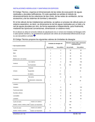 INSTALACIONES HIDRÁULICAS Y SANITARIAS EN EDIFICIOS
APUNTES G. B. P. M. 82 DE 120
El Código Técnico, organiza el dimensionado de las redes de evacuación de aguas
residuales y pluviales edificatorias. En este apartado se señala el método de
dimensionamiento de los colectores de tipo mixto, de las redes de ventilación, de los
accesorios y de los sistemas de bombeo y elevación.
En el de cálculo de las instalaciones sanitarias, se aplica un proceso de cálculo para un
sistema separativo, es decir, se dimensiona la red de aguas residuales por un lado y la
red de aguas pluviales por otro, de forma separada e independiente, para finalmente,
mediante las oportunas conversiones, dimensionar un sistema mixto.
En el cálculo se utiliza el conocido método de adjudicación de un número de Unidades de Desagüe (UD)
a cada aparato sanitario y se considerará la aplicación del criterio de simultaneidad diferenciando el que
su uso sea público o privado.
El Código Técnico propone los siguientes valores de Unidades de desagüe
Tipo de aparato sanitario 
Unidades de desagüe UD
Diámetro mínimo sifón y derivación
individual [mm]
Uso privado Uso público Uso privado Uso público
Lavabo 1 2 32 40
Bidé 2 3 32 40
Ducha 2 3 40 50
Bañera (con o sin ducha) 3 4 40 50
Inodoros
Con cisterna 4 5 100 100
Con fluxómetro 8 10 100 100
Urinario
Pedestal - 4 - 50
Suspendido - 2 - 40
En batería - 3.5 - -
Fregadero
De cocina 3 6 40 50
De laboratorio, restaurante,
etc.
- 2 - 40
Lavadero 3 - 40 -
Vertedero - 8 - 100
Fuente para beber - 0.5 - 25
Sumidero sifónico 1 3 40 50
Lavavajillas 3 6 40 50
Lavadora 3 6 40 50
Cuarto de baño
(lavabo, inodoro, bañera y bidé)
Inodoro con cisterna 7 - 100 -
Inodoro con fluxómetro 8 - 100 -
Cuarto de aseo
(lavabo, inodoro y ducha)
Inodoro con cisterna 6 - 100 -
Inodoro con fluxómetro 8 - 100 -
 