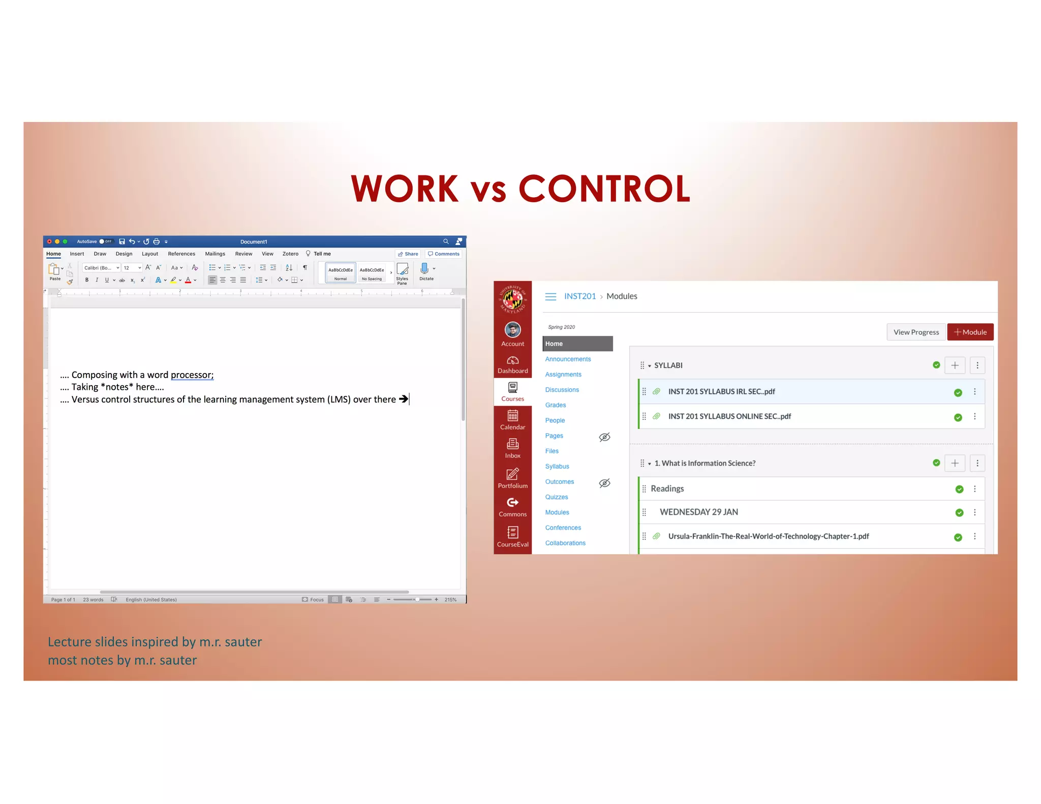 WORK vs CONTROL
Lecture slides inspired by m.r. sauter
most notes by m.r. sauter
 