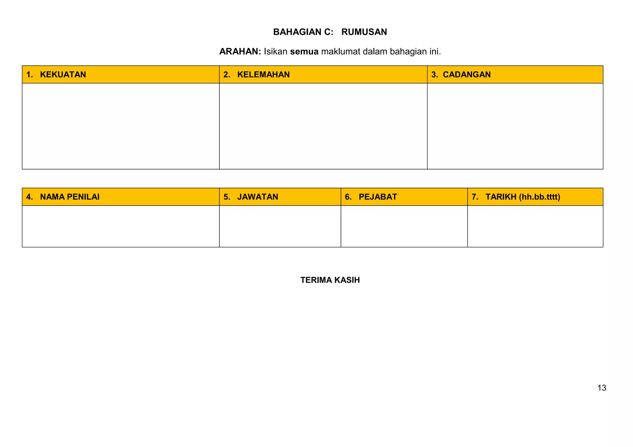 13
BAHAGIAN C: RUMUSAN
ARAHAN: Isikan semua maklumat dalam bahagian ini.
1. KEKUATAN 2. KELEMAHAN 3. CADANGAN
4. NAMA PENILAI 5. JAWATAN 6. PEJABAT 7. TARIKH (hh.bb.tttt)
TERIMA KASIH
 