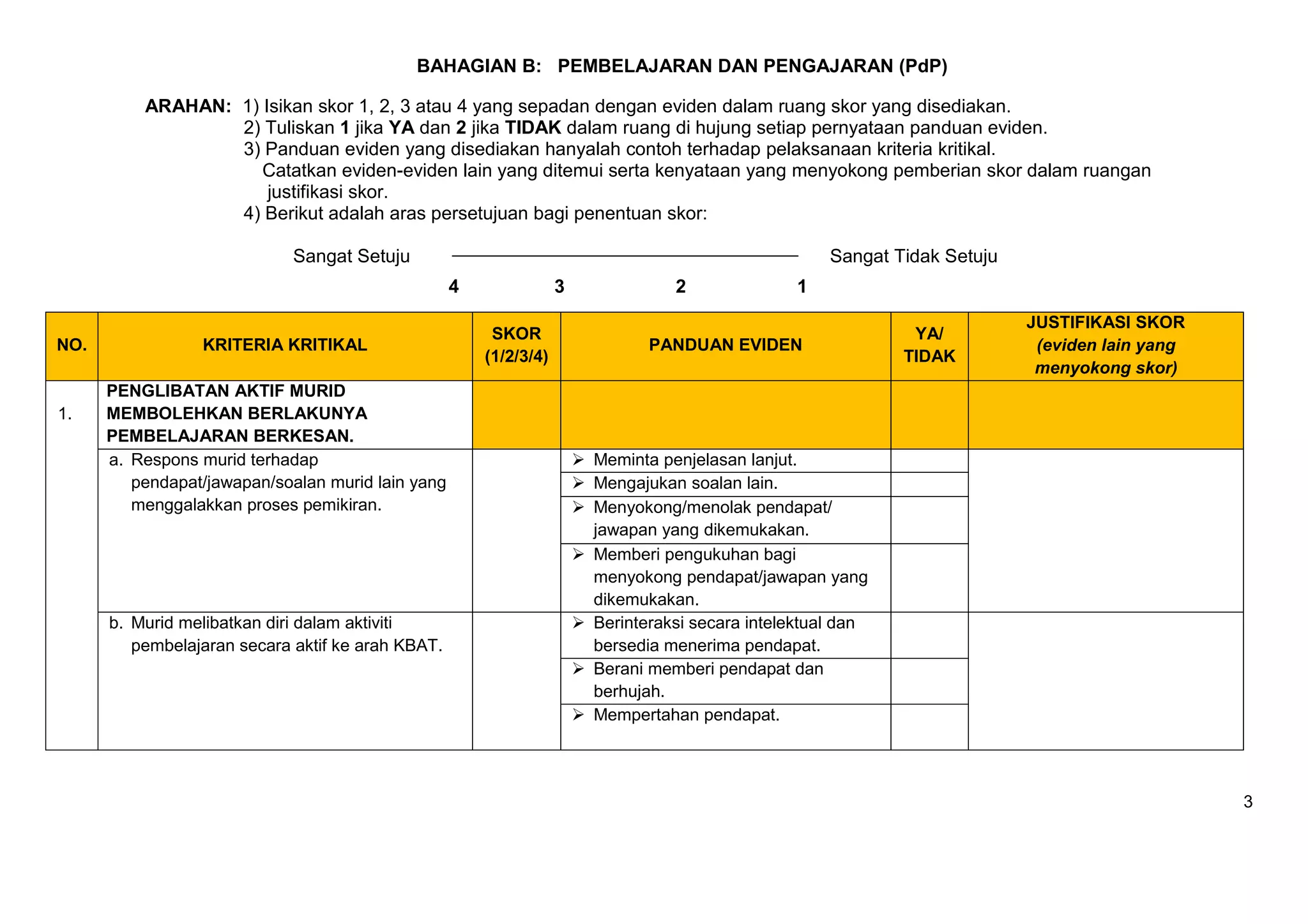 3
BAHAGIAN B: PEMBELAJARAN DAN PENGAJARAN (PdP)
ARAHAN: 1) Isikan skor 1, 2, 3 atau 4 yang sepadan dengan eviden dalam ruang skor yang disediakan.
2) Tuliskan 1 jika YA dan 2 jika TIDAK dalam ruang di hujung setiap pernyataan panduan eviden.
3) Panduan eviden yang disediakan hanyalah contoh terhadap pelaksanaan kriteria kritikal.
Catatkan eviden-eviden lain yang ditemui serta kenyataan yang menyokong pemberian skor dalam ruangan
justifikasi skor.
4) Berikut adalah aras persetujuan bagi penentuan skor:
Sangat Setuju Sangat Tidak Setuju
4 3 2 1
NO. KRITERIA KRITIKAL
SKOR
(1/2/3/4)
PANDUAN EVIDEN
YA/
TIDAK
JUSTIFIKASI SKOR
(eviden lain yang
menyokong skor)
1.
PENGLIBATAN AKTIF MURID
MEMBOLEHKAN BERLAKUNYA
PEMBELAJARAN BERKESAN.
a. Respons murid terhadap
pendapat/jawapan/soalan murid lain yang
menggalakkan proses pemikiran.
 Meminta penjelasan lanjut.
 Mengajukan soalan lain.
 Menyokong/menolak pendapat/
jawapan yang dikemukakan.
 Memberi pengukuhan bagi
menyokong pendapat/jawapan yang
dikemukakan.
b. Murid melibatkan diri dalam aktiviti
pembelajaran secara aktif ke arah KBAT.
 Berinteraksi secara intelektual dan
bersedia menerima pendapat.
 Berani memberi pendapat dan
berhujah.
 Mempertahan pendapat.
 