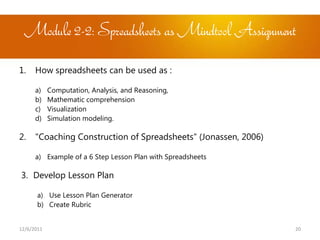 Module 2-2: Spreadsheets as Mindtool Assignment
1.    How spreadsheets can be used as :

      a)    Computation, Analysis, and Reasoning,
      b)    Mathematic comprehension
      c)    Visualization
      d)    Simulation modeling.

2.    "Coaching Construction of Spreadsheets“ (Jonassen, 2006)

      a) Example of a 6 Step Lesson Plan with Spreadsheets

3. Develop Lesson Plan

       a) Use Lesson Plan Generator
       b) Create Rubric


12/6/2011                                                        20
 