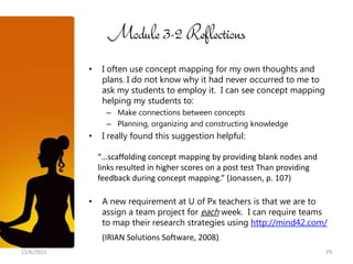 Module 3-2 Reflections
            •    I often use concept mapping for my own thoughts and
                 plans. I do not know why it had never occurred to me to
                 ask my students to employ it. I can see concept mapping
                 helping my students to:
                  – Make connections between concepts
                  – Planning, organizing and constructing knowledge
            •    I really found this suggestion helpful:

                “…scaffolding concept mapping by providing blank nodes and
                links resulted in higher scores on a post test Than providing
                feedback during concept mapping.” (Jonassen, p. 107)

            •    A new requirement at U of Px teachers is that we are to
                 assign a team project for each week. I can require teams
                 to map their research strategies using http://mind42.com/
                 (IRIAN Solutions Software, 2008)
12/6/2011                                                                       29
 