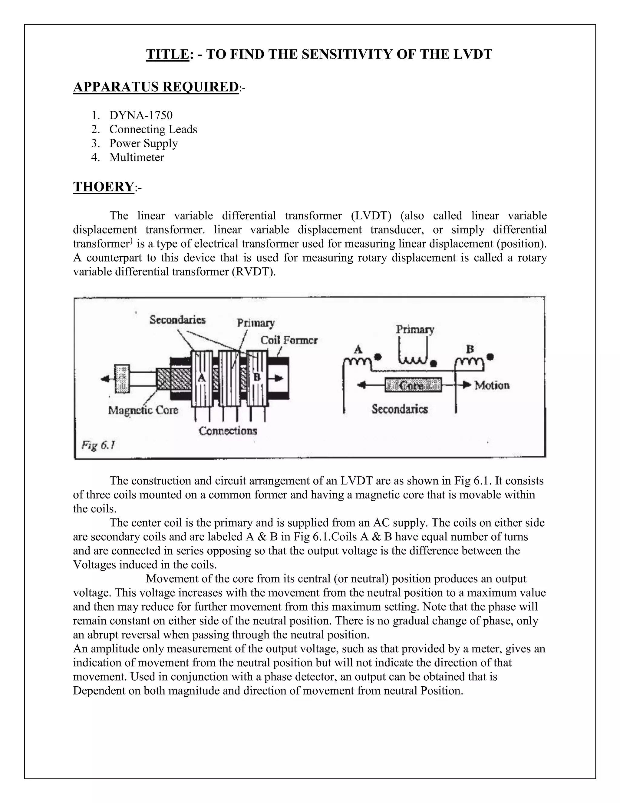 Finding Sensitivity of the LVDT | PDF