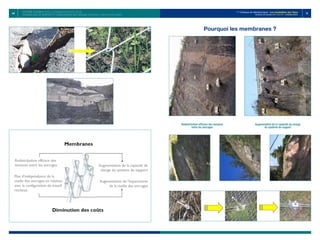 69 70
1er
Colloque de Géotechnique : Les instabilités des Talus
Vendredi 28 octobre 2011 E.H.T.P - CASABLANCA
Pourquoi les membranes ?
Augmentation de la capacité de charge
du système de support
Redistribution efficace des tensions
entre les ancrages
Système Flexible Pour la Stabilisation des Talus
Technologie de renfort et stabilisation des déblais rocheux et Matériaux libres
 