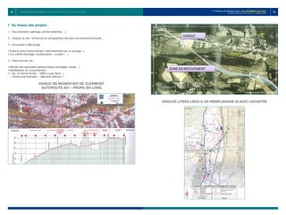 97 98
1er
Colloque de Géotechnique : Les instabilités des Talus
Vendredi 28 octobre 2011 E.H.T.P - CASABLANCA
I : Au niveau des projets :
1 – Documentation (géologie, photos aériennes …)
2 – Analyse du site : recherche (et cartographie) d’anciens mouvements éventuels…
3 – Si la pente a déjà bougé :
• Éviter la zone (contournement, franchissement par un ouvrage…)
• La conforté (drainage, soutènements « souples »…)
4 – Dans tous les cas :
• Récolte des paramètres géotechniques (sondages, essais…)
• Modélisation du comportement :
• 
« Sol ou Roche tendre » : MMC (code Talren…)
« Roche dure fracturée » : éléments distincts ?
VIADUC DE MONESTIER DE CLERMONT
AUTOROUTE A51 – PROFIL EN LONG
ARGILES LITEES LIEES A UN REMPLISSAGE GLACIO LACUSTRE
INSTABILITES DE VERSANTS : DE LA PREVENTION A LA SURVEILLANCE
 