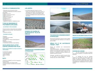 113 114
1er
Colloque de Géotechnique : Les instabilités des Talus
Vendredi 28 octobre 2011 E.H.T.P - CASABLANCA
Techniquedel’ensemencement
hydraulique
Ravinements importants au niveau du talus du déblai
et des éboulements des matériaux sur la cunette du
pied du déblai
Déblai PK 27 de l’autoroute
Tanger – Port
Travaux de plantation par ensemencement
Hydraulique
Hydro-ensemencement : Technique qui consiste à
projeter sur la surface à semer, grâce à une machine
pourvue d’une puissante pompe montée sur une
remorque, un mélange de semences additionné de
fertilisants liquides et de liants.
Avantages : permettre aux graines de germer dans
un court délai et de se développer de manière
optimale dans des conditions difficiles
Objectif escompté non atteint
Raisons de l’échec
• Les forts écoulements d’eau et l’érosion
qui s’y ajoute conduisent à un lessivage notable des
semences.
• Le lessivage fait que les nouvelles
surfaces du sol supérieur sont alors souvent plus
denses que celles qui existaient à l’origine. Cette
situation, extrêmement défavorable à la formation
des racines et à la croissance des plantes, retarde
considérablement l’établissement d’une couverture
végétale.
Plan de la communication
- Présentation des autoroutes du Nord
- Exemples de désordres rencontrés et solutions
préconisées :
• Déblai au pk 27 PT.
• Déblais au pk 22 et pk 40 PT.
• Déblai au pk 35 TP.
• Déblai D13 au pk 34 TP.
• Remblai au pk 46 PT.
• Remblai au pk 15
• Remblai au pk 20 TP.
- Suggestions basées sur l’expérience vécue
Types de désordres et
traitements appliqués
- LES DIFFERENTS TYPES DE DESORDRE
• Erosion des talus et éboulements des matériaux
• Glissements peu profonds / décrochements de
talus
• Glissement profonds
- TRAITEMENTS APPLIQUES
• Plantation
• Stabilisation par arcades
• Murs gabions
• Substitution par masque drainant/éperons
drainants
• Amélioration drainage
• Confortement par pieux et paroi plastique
LES PLANTES POUR LUTTER
CONTRE L’EROSION DES TALUS
Plusieurs termes qualifient les ouvrages de protection à
l’aide de plantes :
• constructions vivantes,
• Techniques végétales,
• génie biologique,
• génie écologique,
• etc.
Buts :
• Renforcer la stabilité du sol tout en respectant
l’environnement,
• Réduire l’érosion de manière durable,
• Favoriser l’évolution naturelle de la succession
végétale,
Les limites :
• 
Les plantes retiennent le dessus du sol en
fonction de la profondeur des racines. Environ 15
centimètres pour l’herbe, une cinquantaine pour
les arbustes et un mètre pour les arbres. Inutile
d’essayer de stabiliser le sol sur plus profond avec
des plantes.
Exemple de schéma de
plantation de talus de
déblais
Techniquedel’ensemencement
hydraulique
Traitement des instabilités : sur les Autoroutes du Nord
 