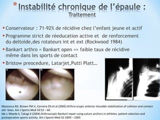 • Conservateur : 71-92% de récidive chez l’enfant jeune et actif 
• Programme strict de réeducation active et de renforcement 
du deltoide,des rotateurs int et ext (Rockwood 1984) 
• Bankart arthro = Bankart open => faible taux de récidive 
même dans les sports de contact 
• Bristow preocedure, Latarjet,Putti Platt… 
Mazzocca AD, Brown FM Jr, Carreira DS et al (2005) Arthro-scopic anterior shoulder stabilization of collision and contact 
ath- letes. Am J Sports Med 33:52 – 60 
Ide J, Maeda S, Takagi K (2004) Arthroscopic Bankart repair using suture anchors in athletes: patient selection and 
postoperative sports activity. Am J Sports Med 32:1899 – 1905 
 