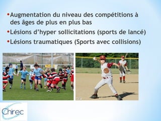 •Augmentation du niveau des compétitions à 
des âges de plus en plus bas 
•Lésions d’hyper sollicitations (sports de lancé) 
•Lésions traumatiques (Sports avec collisions) 
 