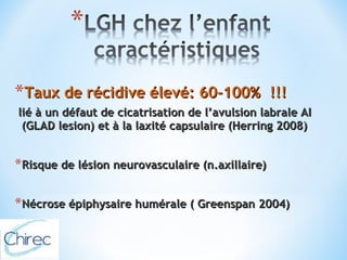 *Taux de récidive éélleevvéé:: 6600--110000%% !!!!!! 
lliiéé àà uunn ddééffaauutt ddee cciiccaattrriissaattiioonn ddee ll’’aavvuullssiioonn llaabbrraallee AAII 
((GGLLAADD lleessiioonn)) eett àà llaa llaaxxiittéé ccaappssuullaaiirree ((HHeerrrriinngg 22000088)) 
*RRiissqquuee ddee llééssiioonn nneeuurroovvaassccuullaaiirree ((nn..aaxxiillllaaiirree)) 
*NNééccrroossee ééppiipphhyyssaaiirree hhuumméérraallee (( GGrreeeennssppaann 22000044)) 
 