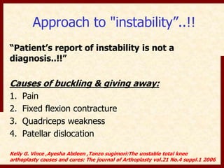 Approach to "instability”..!! 
“Patient’s report of instability is not a 
diagnosis..!!” 
Causes of buckling & giving away: 
1. Pain 
2. Fixed flexion contracture 
3. Quadriceps weakness 
4. Patellar dislocation 
Kelly G. Vince ,Ayesha Abdeen ,Tanzo sugimori:The unstable total knee 
arthoplasty causes and cures: The journal of Arthoplasty vol.21 No.4 suppl.1 2006 
 