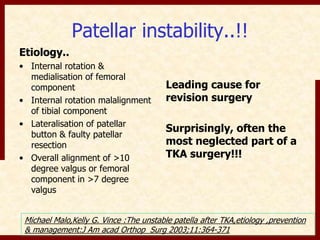 Patellar instability..!! 
Etiology.. 
• Internal rotation & 
medialisation of femoral 
component 
• Internal rotation malalignment 
of tibial component 
• Lateralisation of patellar 
button & faulty patellar 
resection 
• Overall alignment of >10 
degree valgus or femoral 
component in >7 degree 
valgus 
Leading cause for 
revision surgery 
Surprisingly, often the 
most neglected part of a 
TKA surgery!!! 
Michael Malo,Kelly G. Vince :The unstable patella after TKA,etiology ,prevention 
& management:J Am acad Orthop Surg 2003;11:364-371 
 