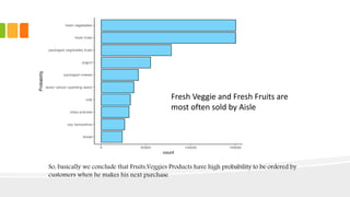 Fresh Veggie and Fresh Fruits are
most often sold by Aisle
So, basically we conclude that Fruits,Veggies Products have high probability to be ordered by
customers when he makes his next purchase
 