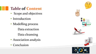 Table of Content
• Scope and objectives
• Introduction
• Modelling process
Data extraction
Data cleansing
• Association analysis
• Conclusion
 