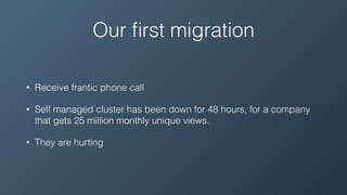 Our ﬁrst migration
• Receive frantic phone call
• Self managed cluster has been down for 48 hours, for a company
that gets 25 million monthly unique views.
• They are hurting
 