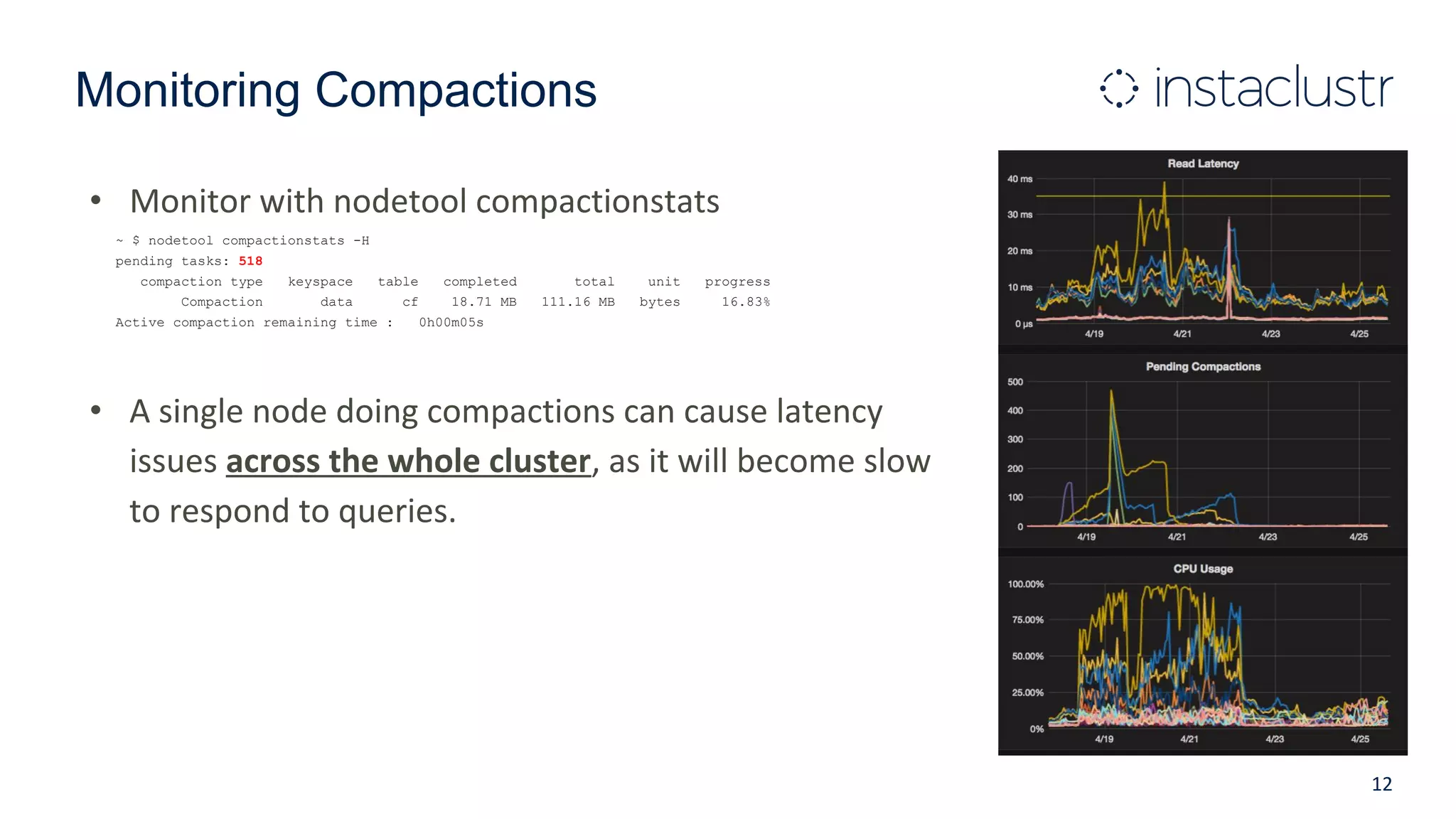 Monitoring Compactions
• Monitor with nodetool compactionstats
~ $ nodetool compactionstats -H
pending tasks: 518
compaction type keyspace table completed total unit progress
Compaction data cf 18.71 MB 111.16 MB bytes 16.83%
Active compaction remaining time : 0h00m05s
• A single node doing compactions can cause latency
issues across the whole cluster, as it will become slow
to respond to queries.
12
 