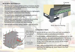 BUILDING MATERIALS:
• The external structure of the building comprises double-
skinned PUF panel (PVDF galvalume coated sheet) that
ensures thermal insulation.
• The core material used is mild steel, which is lightweight,
strong, flexible and environment-friendly.
• The steel is also coated with rust retardants and anti-
corrosive paints to avoid rusting.
• Brick, sand or gravel is not utilised in the constructing
process; however, concrete is used only in the
foundation and in a three-inch deck flooring.
• Internal wall and false ceiling: LAGYP™ gypsum boards.
CONSTRUCTION:
• Around 80-90 per cent of the work was completed in
the factory under a controlled environment.
• In this system, different units of the building such as wall
panels, columns, etc, were produced within the factory
and then transported them to the actual site where 10-
20 per cent of the work was carried out by simply
installing them.
• Also, utility arrangements such as HVAC, plumbing,
electrical, fire-fighting, etc, were fitted in the floor
frames of steel.
Deck sheet for flooring
Concrete
EPS Concrete
wall for internal
and external
partition
Cast in-situ
foundation
 