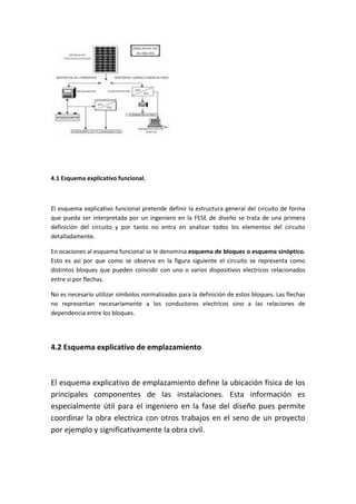 4.1 Esquema explicativo funcional.



El esquema explicativo funcional pretende definir la estructura general del circuito de forma
que pueda ser interpretada por un ingeniero en la FESE de diseño se trata de una primera
definición del circuito y por tanto no entra en analizar todos los elementos del circuito
detalladamente.

En ocaciones al esquema funcional se le denomina esquema de bloques o esquema sinóptico.
Esto es asi por que como se observa en la figura siguiente el circuito se representa como
distintos bloques que pueden coincidir con uno o varios dispositivos electricos relacionados
entre si por flechas.

No es necesario utilizar símbolos normalizados para la definición de estos bloques. Las flechas
no representan necesariamente a los conductores electricos sino a las relaciones de
dependencia entre los bloques.




4.2 Esquema explicativo de emplazamiento



El esquema explicativo de emplazamiento define la ubicación fisica de los
principales componentes de las instalaciones. Esta información es
especialmente útil para el ingeniero en la fase del diseño pues permite
coordinar la obra electrica con otros trabajos en el seno de un proyecto
por ejemplo y significativamente la obra civil.
 