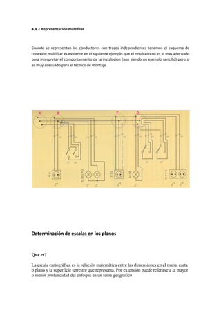 4.4.2 Representación multifilar



Cuando se representan los conductores con trazos independientes tenemos el esquema de
conexión multifilar es evidente en el siguiente ejemplo que el resultado no es el mas adecuado
para interpretar el comportamiento de la instalacion (aun siendo un ejemplo sencillo) pero si
es muy adecuado para el tecnico de montaje.




Determinación de escalas en los planos



Que es?

La escala cartográfica es la relación matemática entre las dimensiones en el mapa, carta
o plano y la superficie terrestre que representa. Por extensión puede referirse a la mayor
o menor profundidad del enfoque en un tema geográfico
 