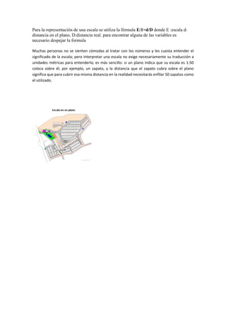 Para la representación de una escala se utiliza la fórmula E/1=d/D donde E :escala d:
distancia en el plano, D:distancia real. para encontrar alguna de las variables es
necesario despejar la formula

Muchas personas no se sienten cómodas al tratar con los números y les cuesta entender el
significado de la escala; pero interpretar una escala no exige necesariamente su traducción a
unidades métricas para entenderla; es más sencillo: si un plano indica que su escala es 1:50
coloca sobre él, por ejemplo, un zapato, y la distancia que el zapato cubra sobre el plano
significa que para cubrir esa misma distancia en la realidad necesitarás enfilar 50 zapatos como
el utilizado.
 