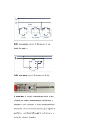 Doble conmutador, control de dos puntos de luz

desde dos lugares.




Doble interruptor, control de dos puntos de luz.




El busca fases se emplea para poder encontrar la fase

(el cable que trae la corriente eléctrica) Colocamos el

dedo en su parte superior y la punta del destornillador

en el cable, si la luz interior se enciende, esto significara

que hemos encontrado la fase, por el contrario si no se

enciende, este será el neutro.
 