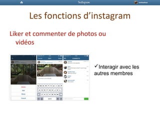 Les fonctions d’instagram
Liker et commenter de photos ou
vidéos
Interagir avec les
autres membres
 