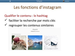 Les fonctions d’instagram
Qualifier le contenu : le hashtag
 faciliter la recherche par mots clés
 regrouper les contenus similaires
 