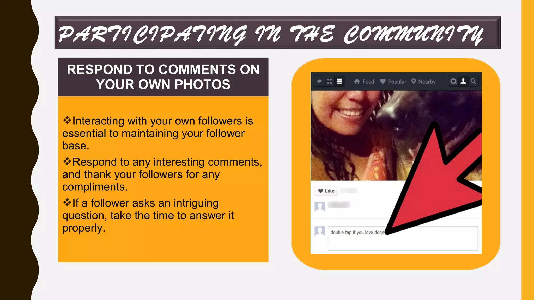 RESPOND TO COMMENTS ON
YOUR OWN PHOTOS
Interacting with your own followers is
essential to maintaining your follower
base.
Respond to any interesting comments,
and thank your followers for any
compliments.
If a follower asks an intriguing
question, take the time to answer it
properly.
PARTICIPATING IN THE COMMUNITY
 