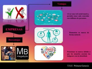 T.S.U Primera Genesis
EMPRESAS
Ventajas
Desventajas
Al ser una red social masiva,
permite tener más conexión
con millones de personas.
Humaniza tu marca de
forma natural.
Posicionar tu marca debido a
que los usuarios asocian tus
imágenes con tu identidad.
 